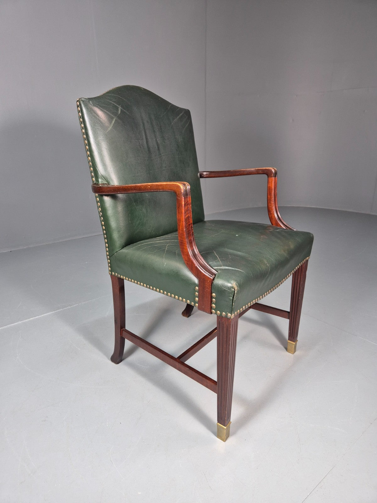 Georgian Style Elbow Chair Green Leather Mahogany Frame Danish 1970 EB10809 VLEA4