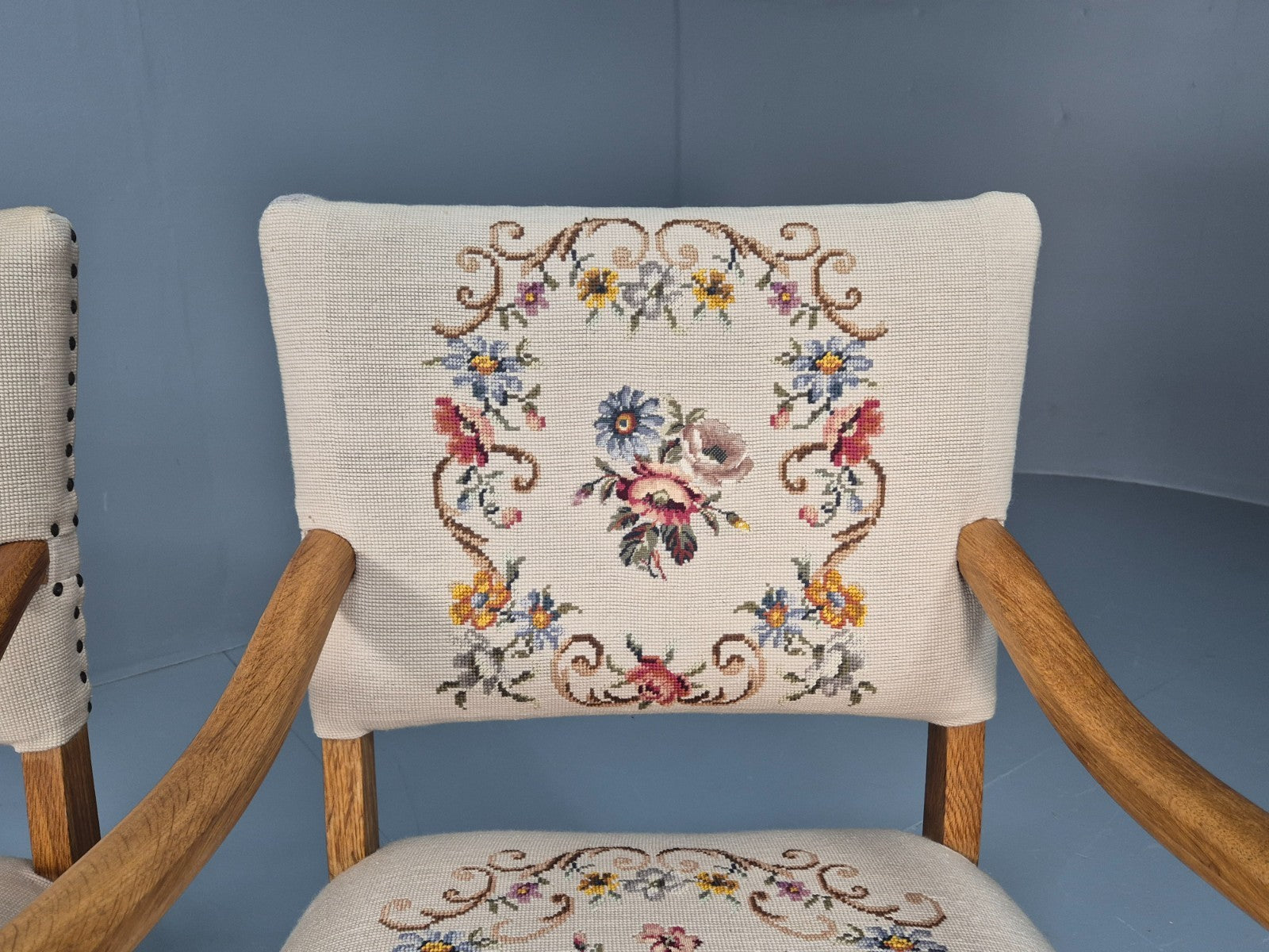 2 Baroque Elbow Chairs Oak Frame Vintage Denmark Floral Upholstery EB10727 VCAR16