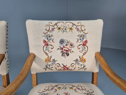 2 Baroque Elbow Chairs Oak Frame Vintage Denmark Floral Upholstery EB10727 VCAR16