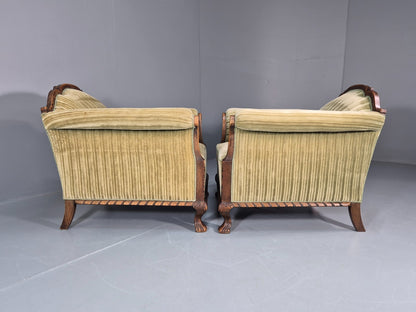 2 Antique Deep Lounge Chairs Oak Frame Green Corduroy 1900s  EB10758 VCAR15