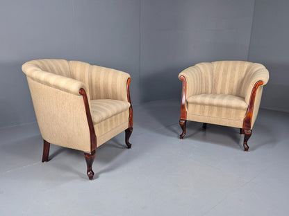 2Pair of Vintage Antique Danish Tub Chairs Beige Cream Stripes 1930s EB9049 VCLO - UKDK FURNITURE