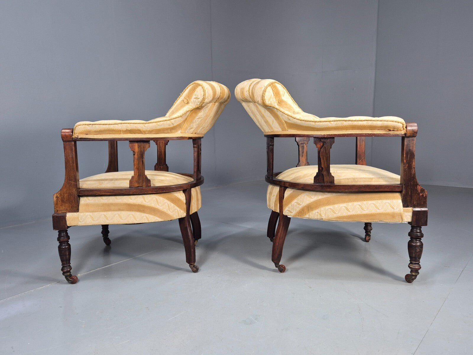 2 Vintage Lounge Chair Gold Stripe Mahogany Inlay Edwardian Revival EB8429 VCLO - UKDK FURNITURE