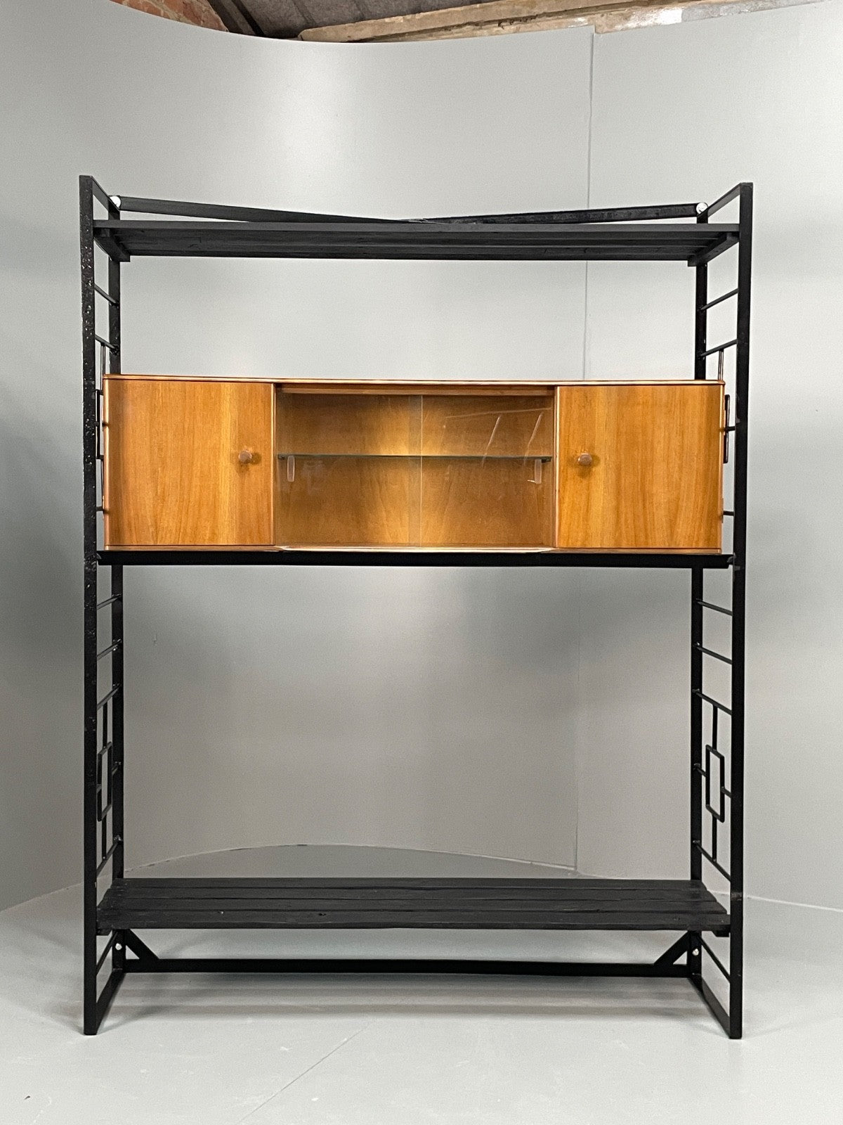 Vintage Modular Shelving Unit Walnut Cabinet Ladderax Style Black EB11043 MWOO0