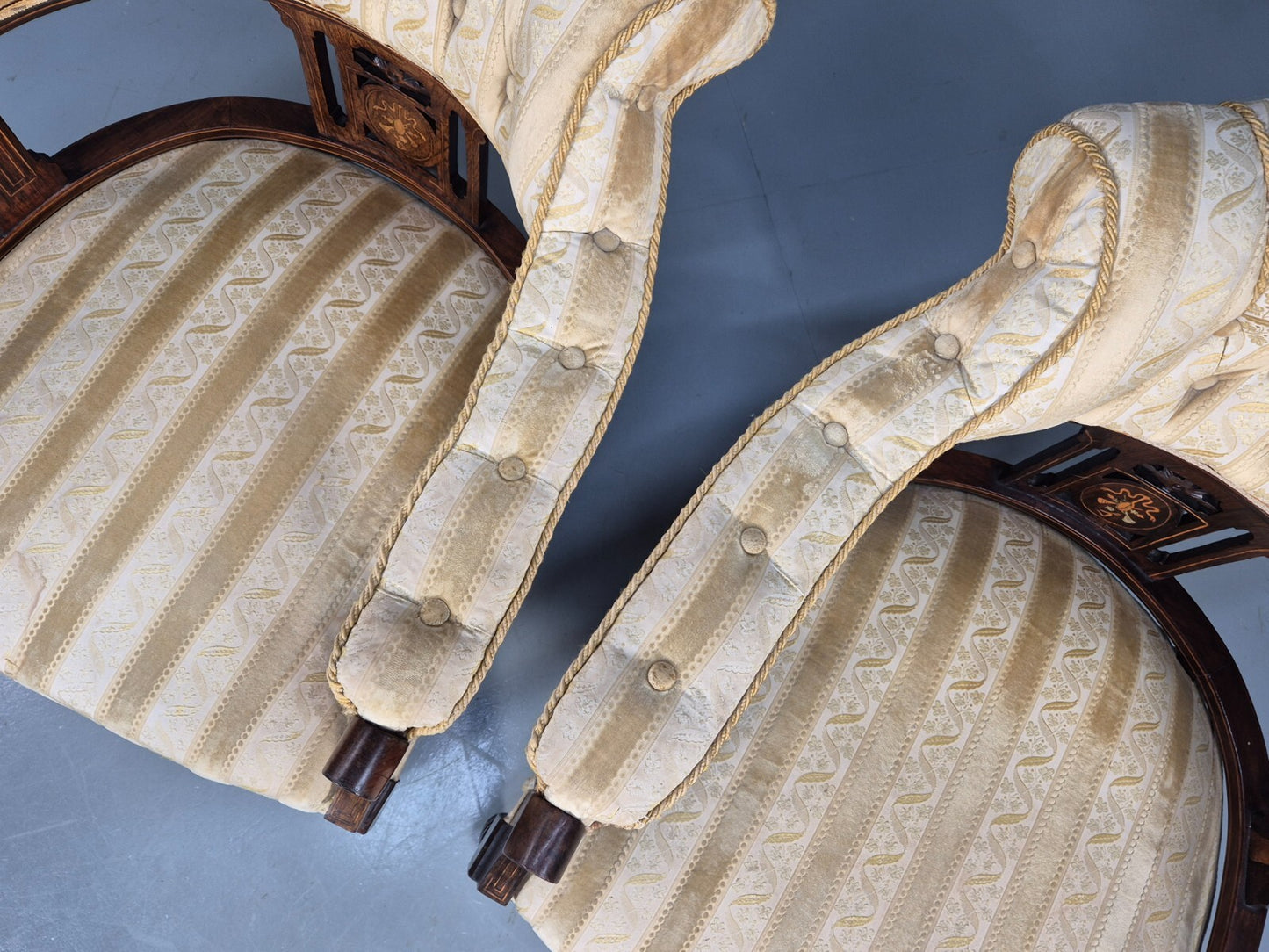 2 Vintage Lounge Chair Gold Stripe Mahogany Inlay Edwardian Revival EB8429 VCLO - UKDK FURNITURE