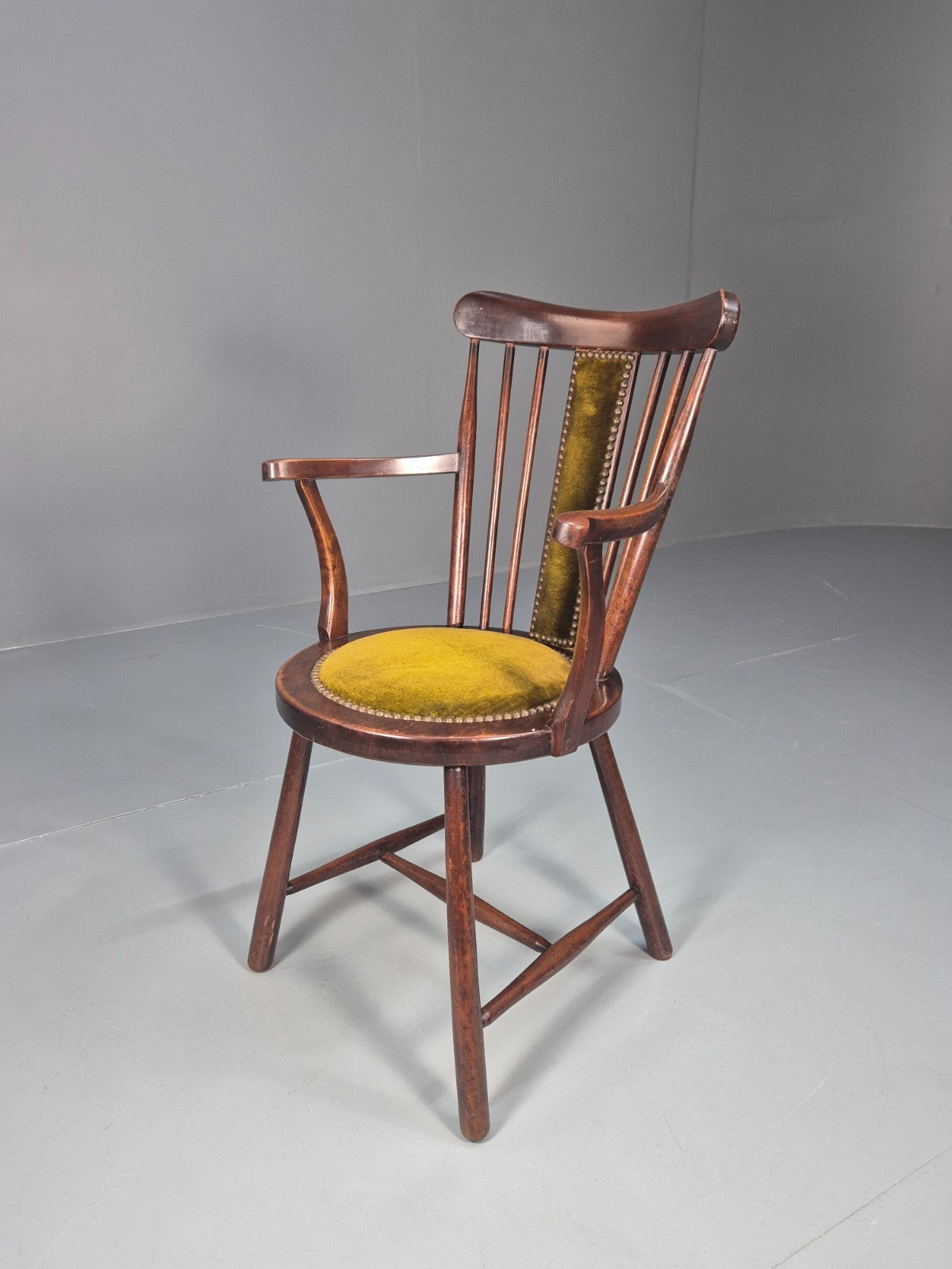 Edwardian Penny Seated Elbow Chair Mahogany Frame green Velour 1900 EB10612 VWOO14