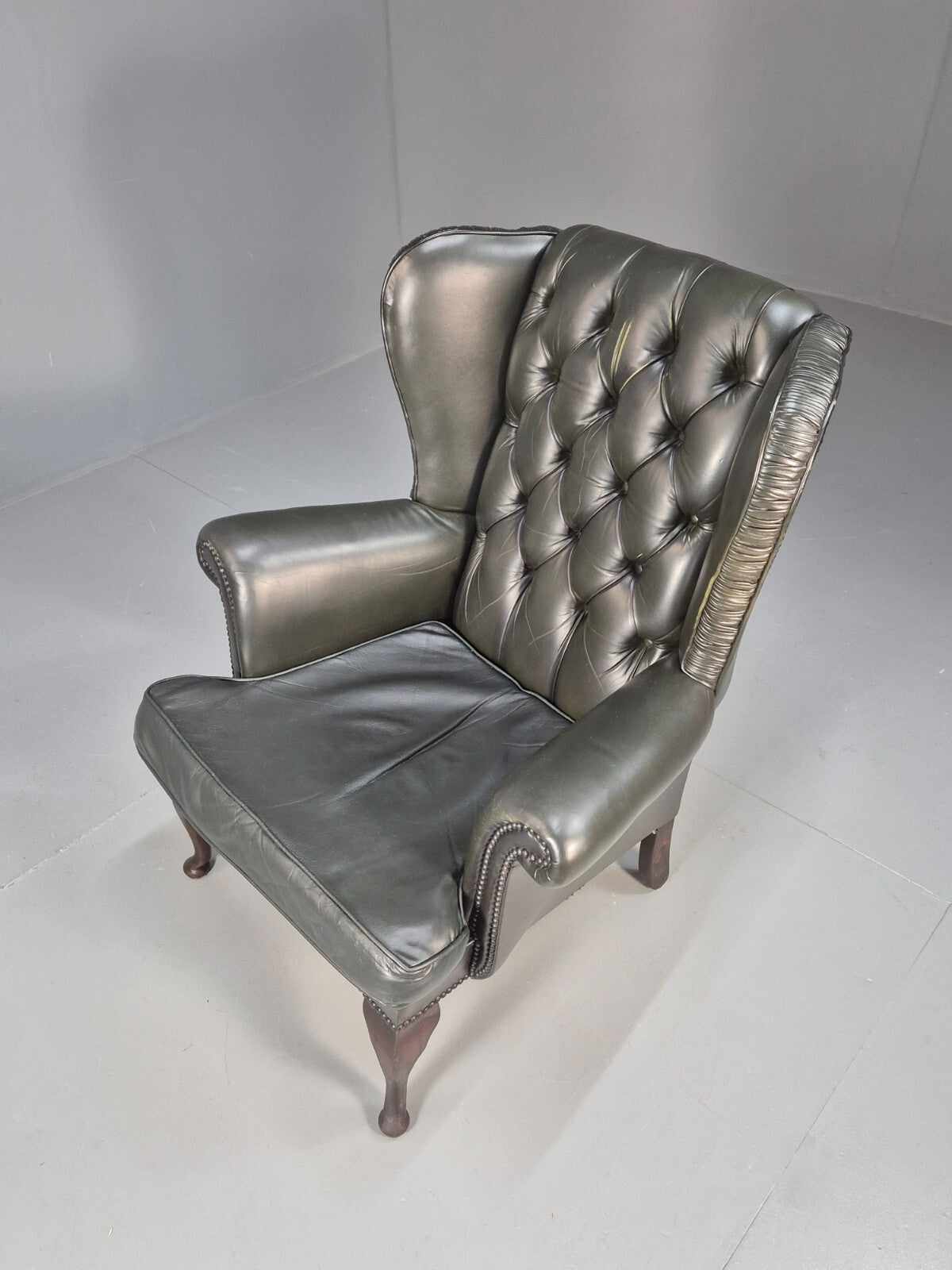 Vintage Chesterfield Armchair Green Leather Pleated Button Back EB9485 VLEA - UKDK FURNITURE