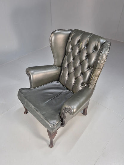 Vintage Chesterfield Armchair Green Leather Pleated Button Back EB9485 VLEA - UKDK FURNITURE