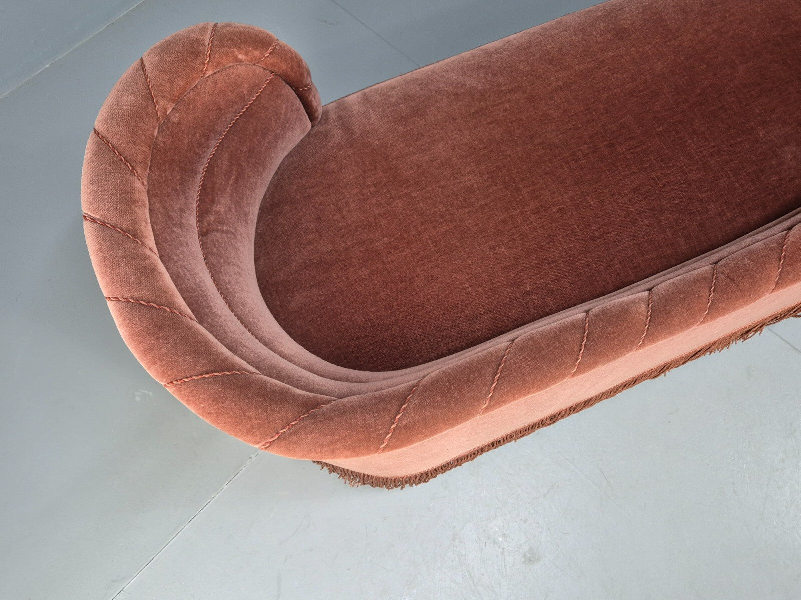 Vintage Danish Art Deco Chaise Lounge Pink Velour Tassels 1930s EB9664 VCHA - UKDK FURNITURE