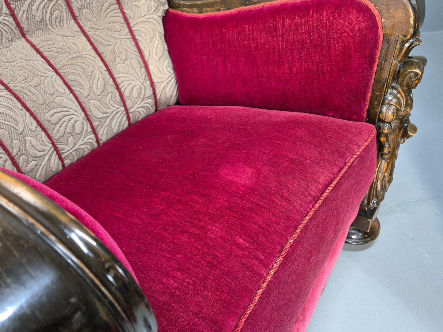Art Deco Style Armchairs Pair Carved Oak Figures Creme Red Velour EB9586 VCAR - UKDK FURNITURE