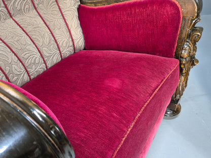 Art Deco Style Armchairs Pair Carved Oak Figures Creme Red Velour EB9586 VCAR - UKDK FURNITURE