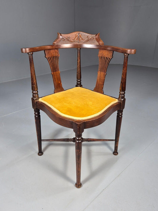 Vintage Corner Chair Yellow Velour Mahogany Georgian Style Edwardian EB9151 VCLO - UKDK FURNITURE