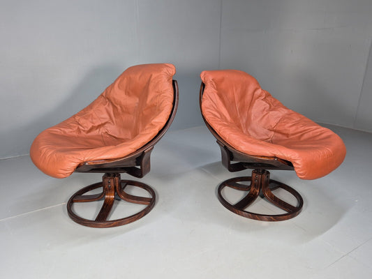 2 Vintage Danish Tan Leather Lounge Chairs Swivel Base MCM Retro EB9299 MSWI - UKDK FURNITURE