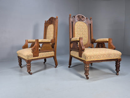 2 Edwardian Carved Oak Lounge Chairs Embroidery Upholstery 1900s EB10690 VCAR2