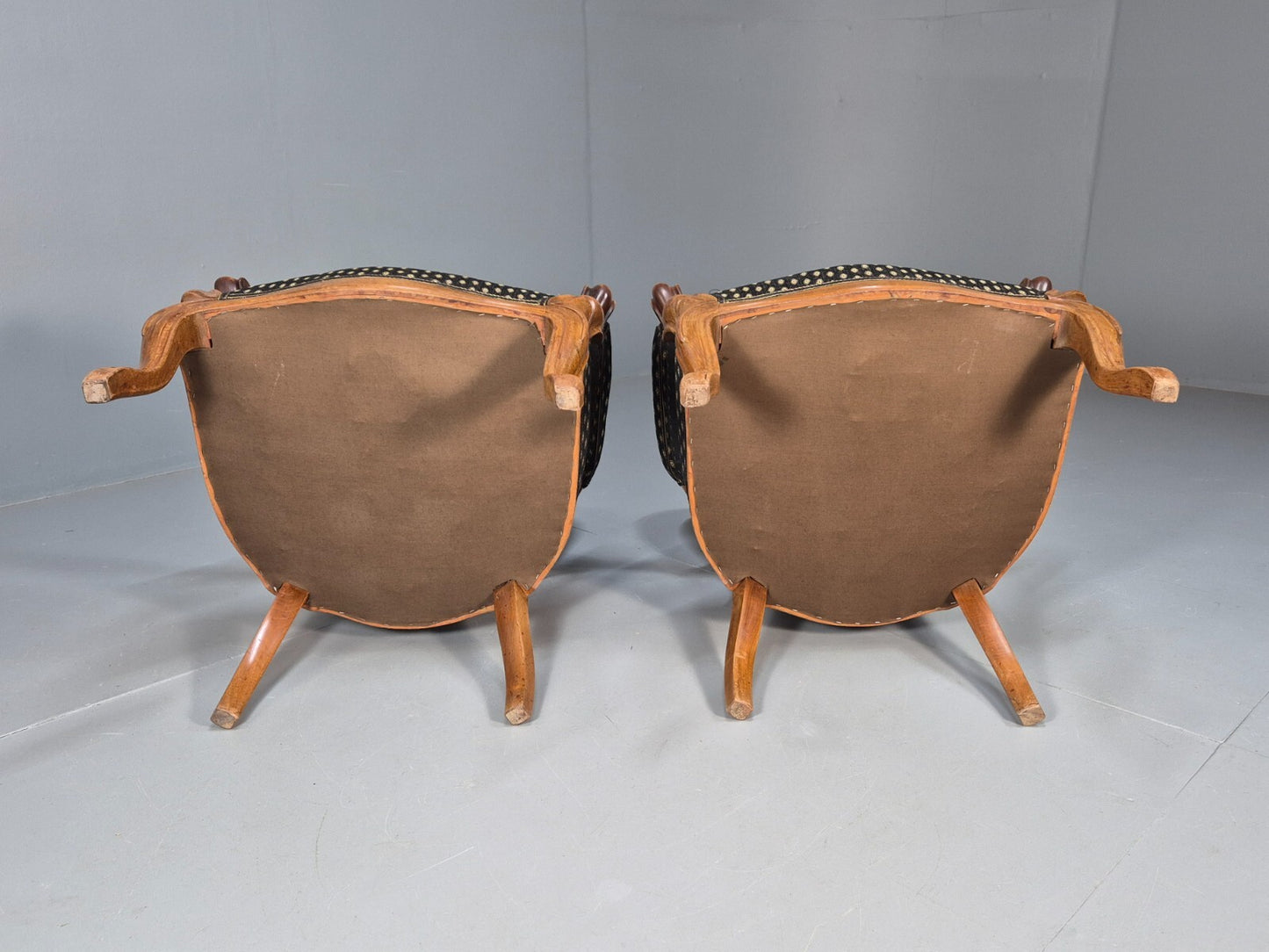 Antique Mahogany Armchair Pair Black Pattern Fabric Louis XV Style EB9558 VCLO - UKDK FURNITURE