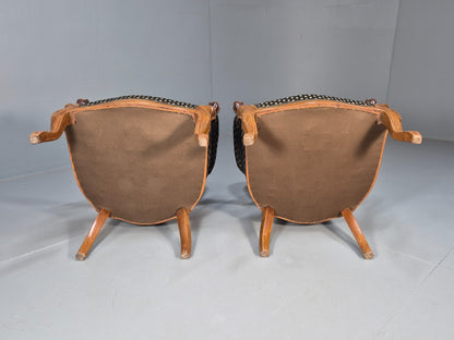 Antique Mahogany Armchair Pair Black Pattern Fabric Louis XV Style EB9558 VCLO - UKDK FURNITURE