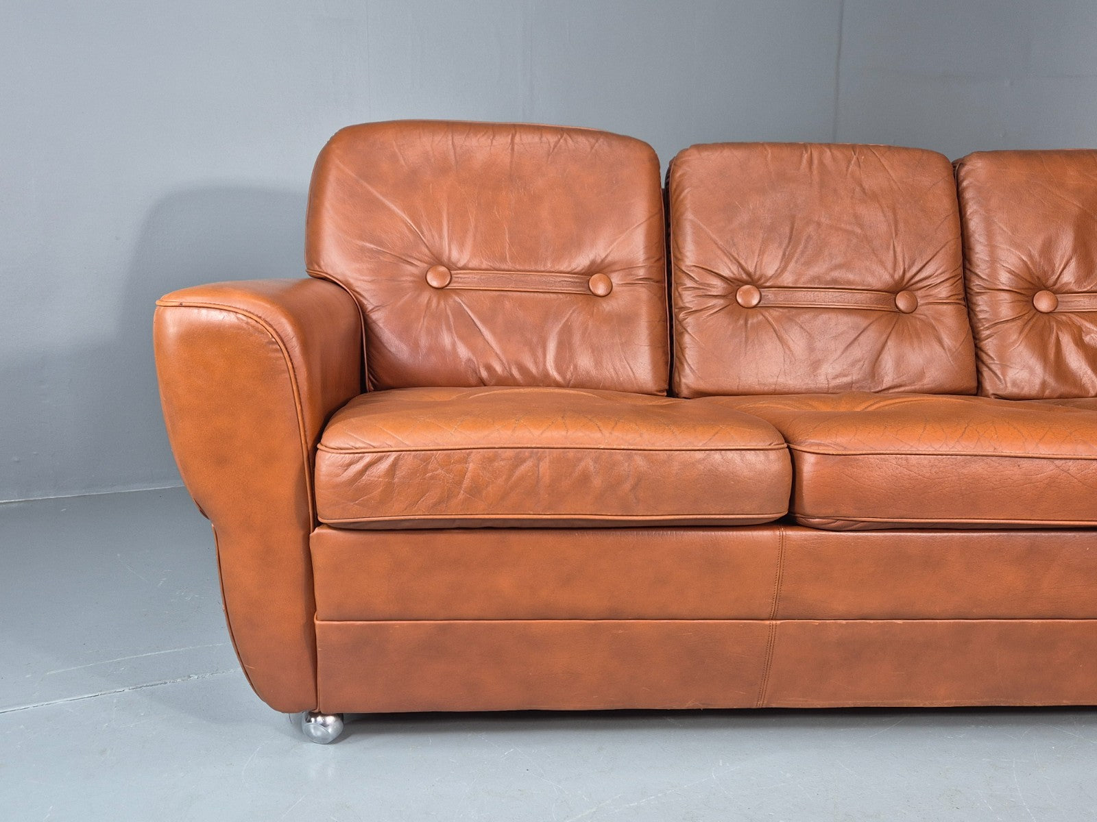 Vintage Danish 3 seater Settee 1970s Danish Tan Leather Retro MCM EB11638 M3SS2