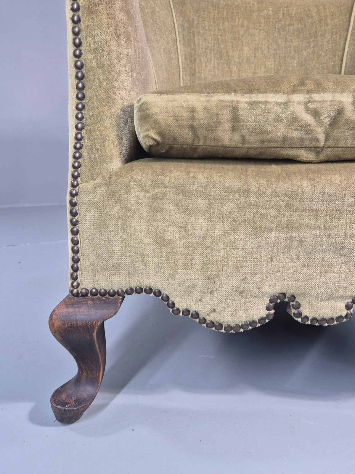 Danish Deco Lounge Chair 1930s Green Velour Stud Work Cabriole Leg EB11298 VCLO4