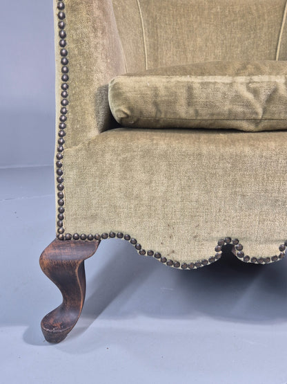 Danish Deco Lounge Chair 1930s Green Velour Stud Work Cabriole Leg EB11298 VCLO4