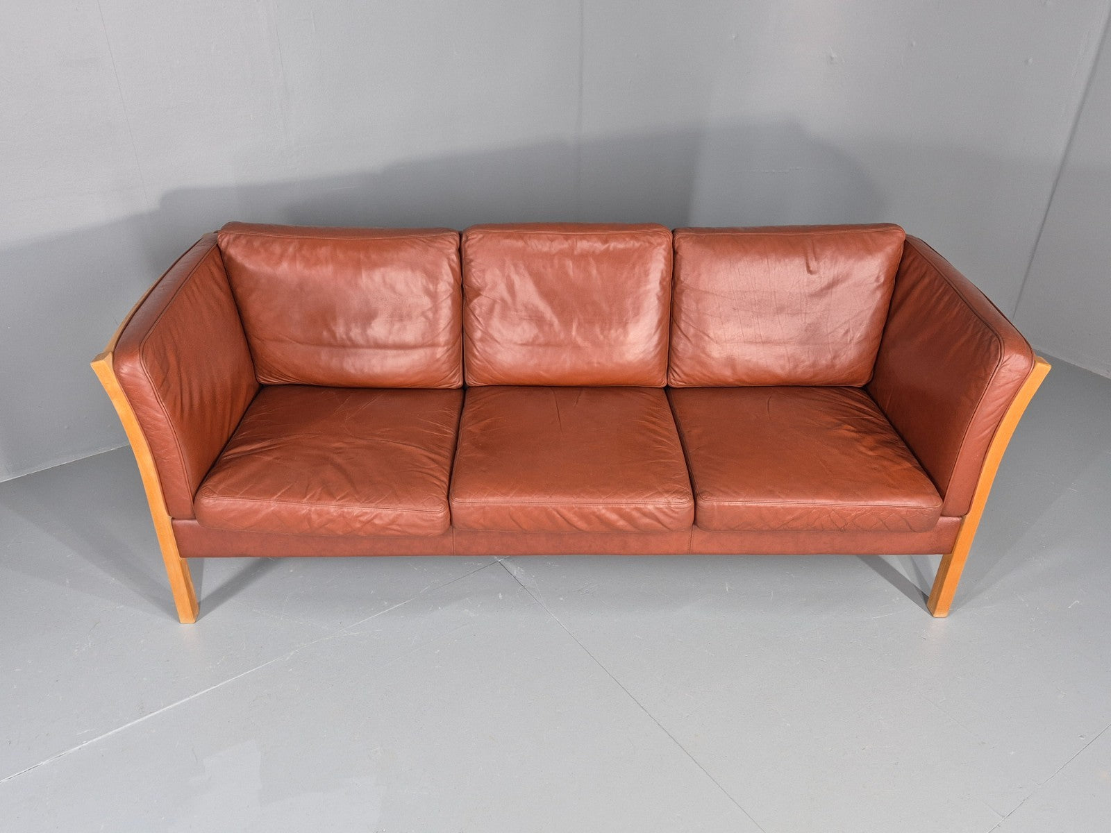 Vintage Stouby 3 Seat Sofa Reddy Brown Leather Mid Century Retro EB10528 M3SS4