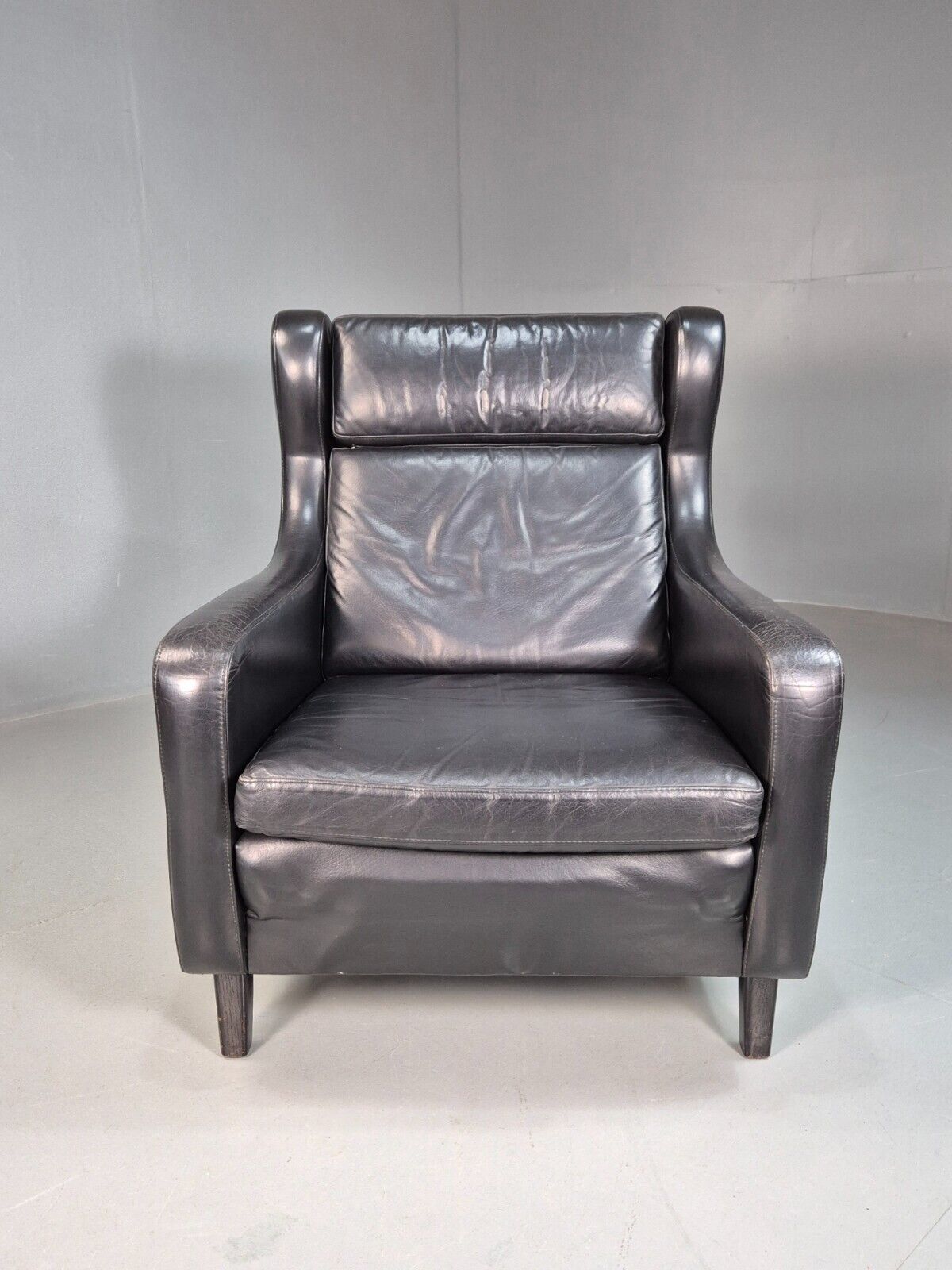 Vintage Danish Lounge Chair Black Leather Wingback 1970s Retro MCM EB8237 MNOR - UKDK FURNITURE