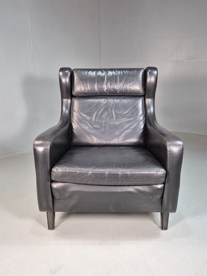 Vintage Danish Lounge Chair Black Leather Wingback 1970s Retro MCM EB8237 MNOR - UKDK FURNITURE