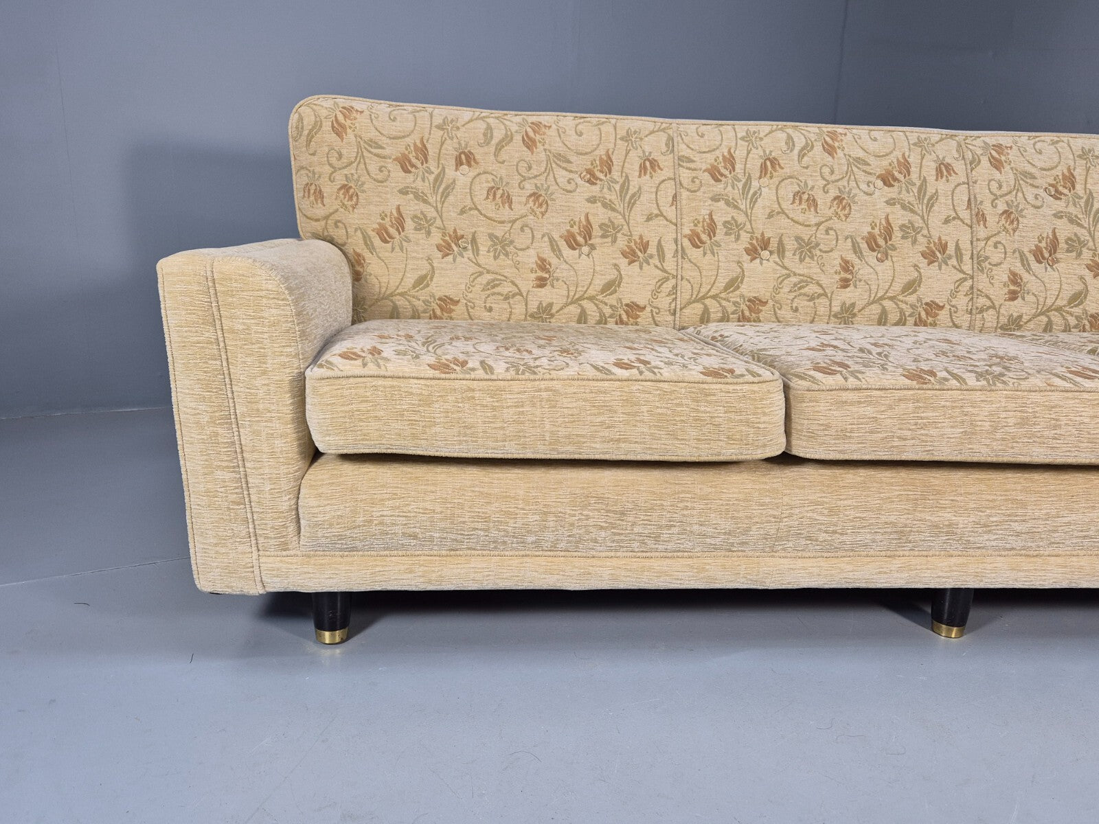 Vintage 1960s Sofa Cream Floral Upholstery 3 Seat Quality Retro EB9680 M3SS - UKDK FURNITURE