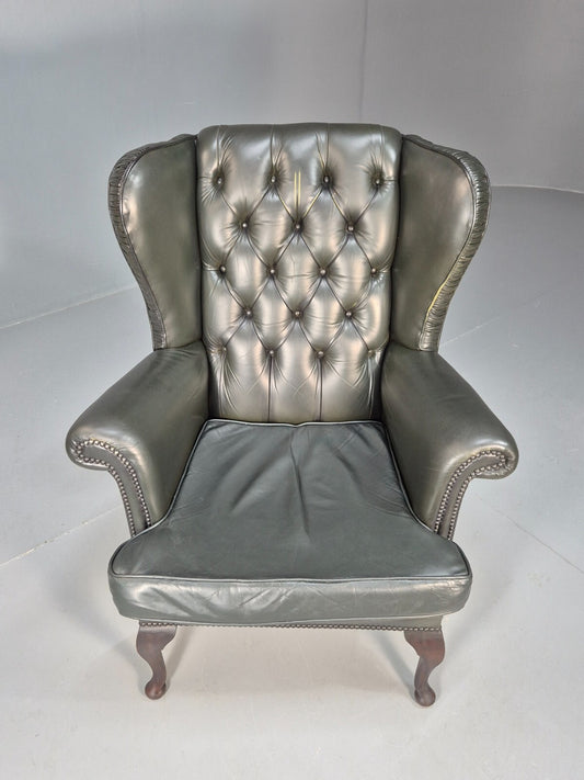 Vintage Chesterfield Armchair Green Leather Pleated Button Back EB9485 VLEA - UKDK FURNITURE
