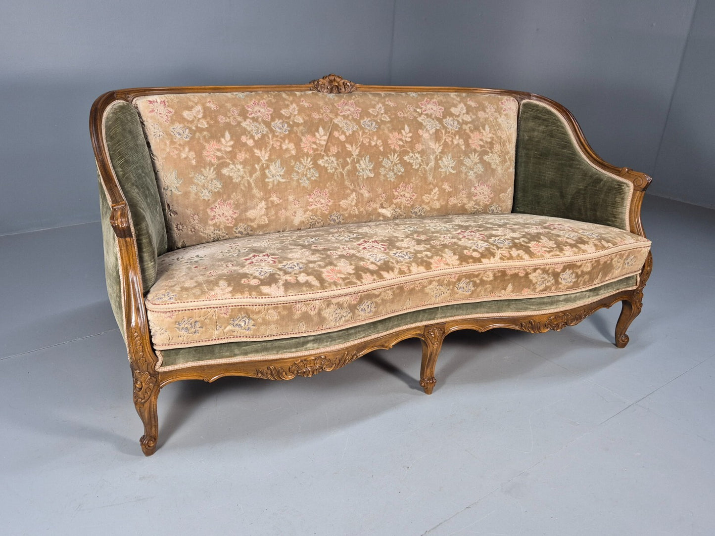 Vintage Danish Rococo Style Settee 3 Seat Green and Brown Floral EB9553 V3SS - UKDK FURNITURE