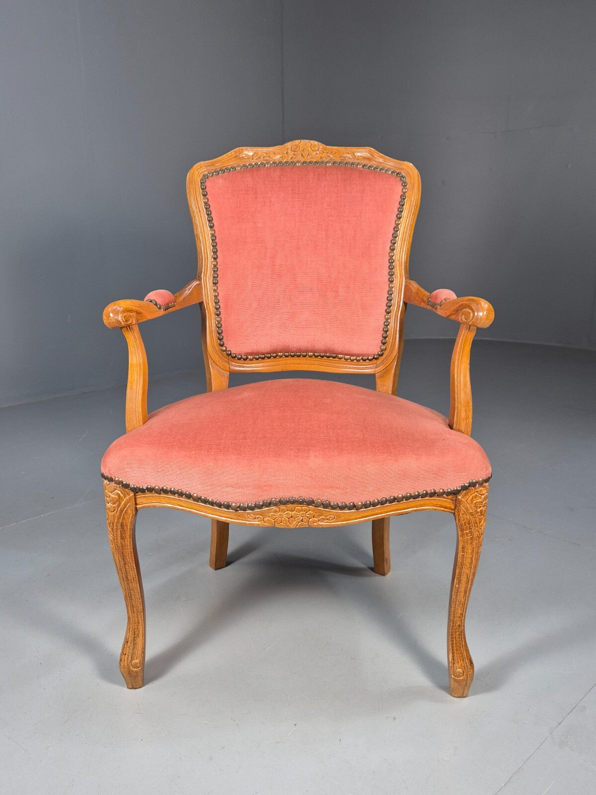 Vintage French Rococo Armchair Pink Velour Danish Repro 1970s EB9627 VCAR - UKDK FURNITURE