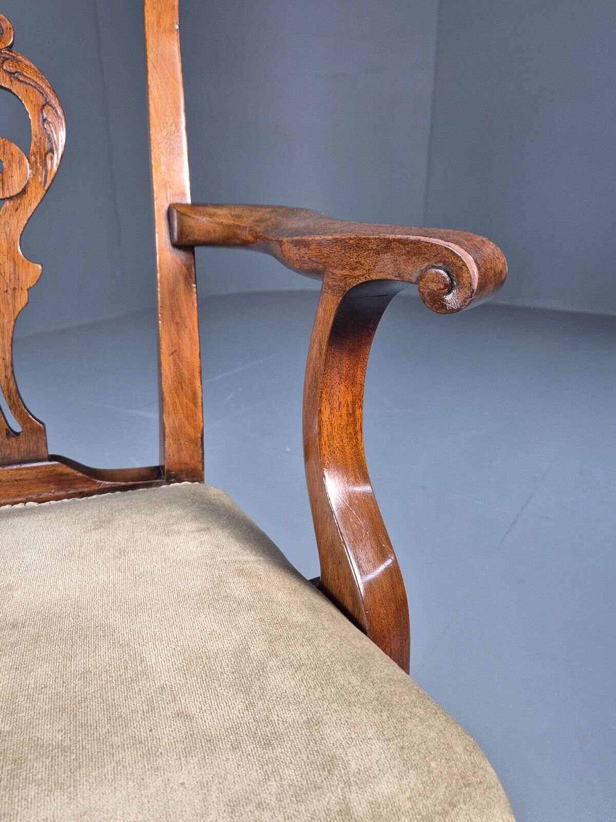 Antique Georgian Style Elbow Chair Mahogany Pad Feet Green Seat EB9387 VDIN - UKDK FURNITURE