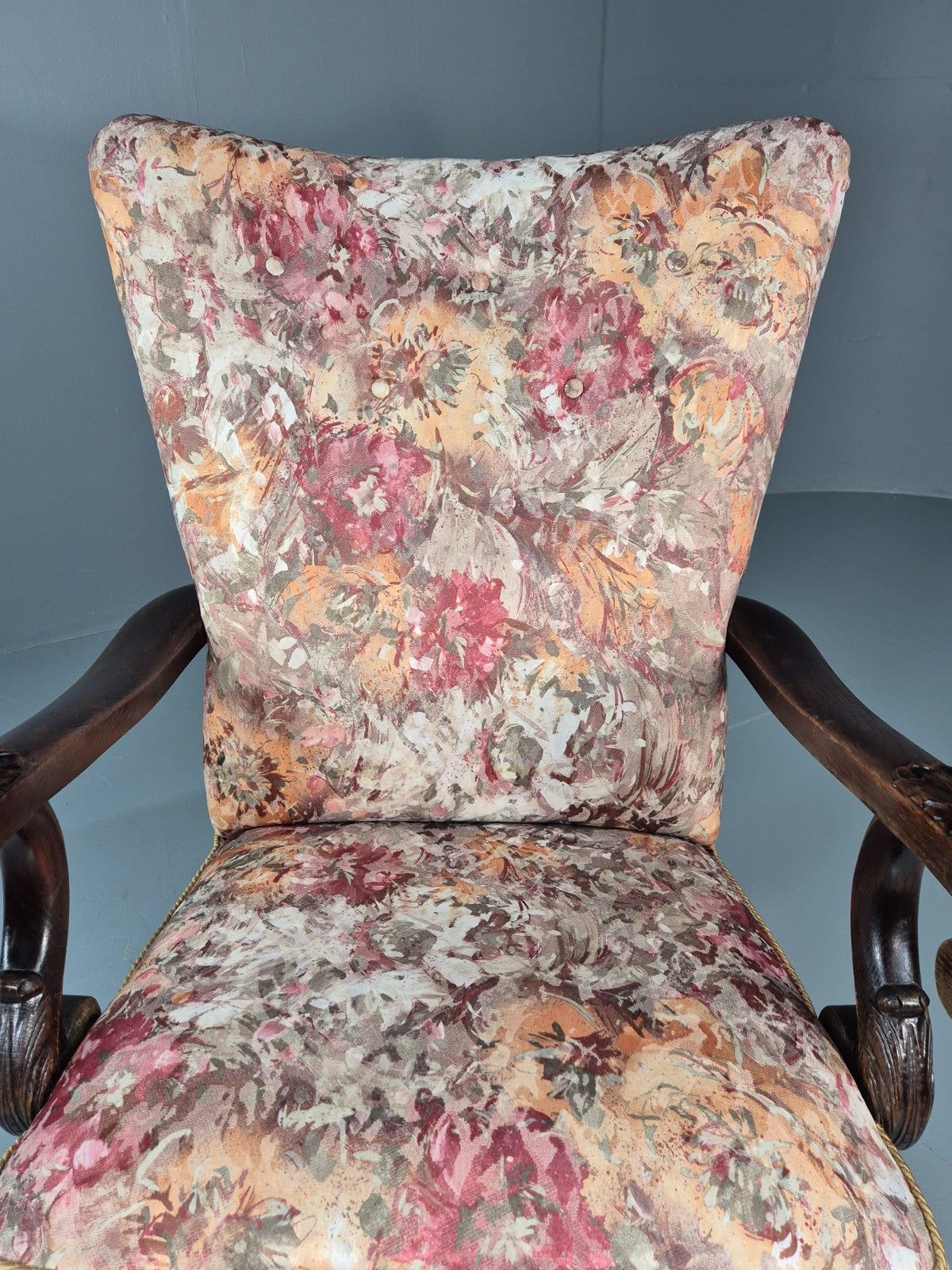 Vintage Carved Oak Chair Floral Fabric 1940s Traditional Curved EB10752 VCAR3