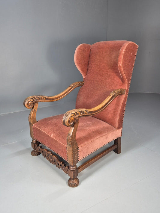 Vintage Danish Lounge Chair Pink Peach Velour Oak 17th Century Style EB8985 VCLO - UKDK FURNITURE