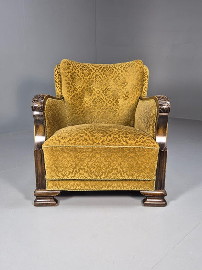 Vintage Danish Lounge Chair Gold Moquette Wood Frame 1920s Art Deco EB8975 VCLO - UKDK FURNITURE
