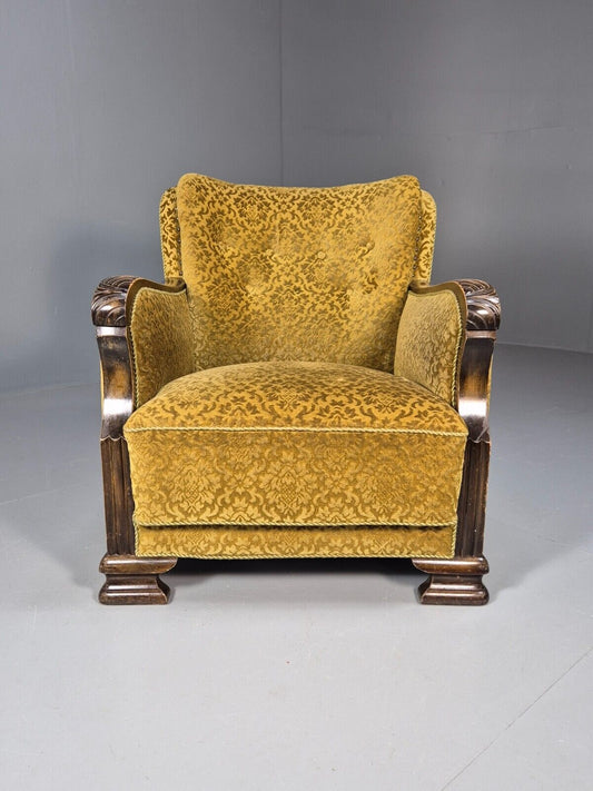Vintage Danish Lounge Chair Gold Moquette Wood Frame 1920s Art Deco EB8975 VCLO - UKDK FURNITURE