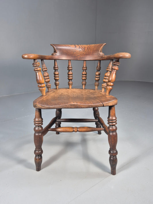 Vintage Oak Captains Chair Turned Stretchers Antique EB9030 VDIN1