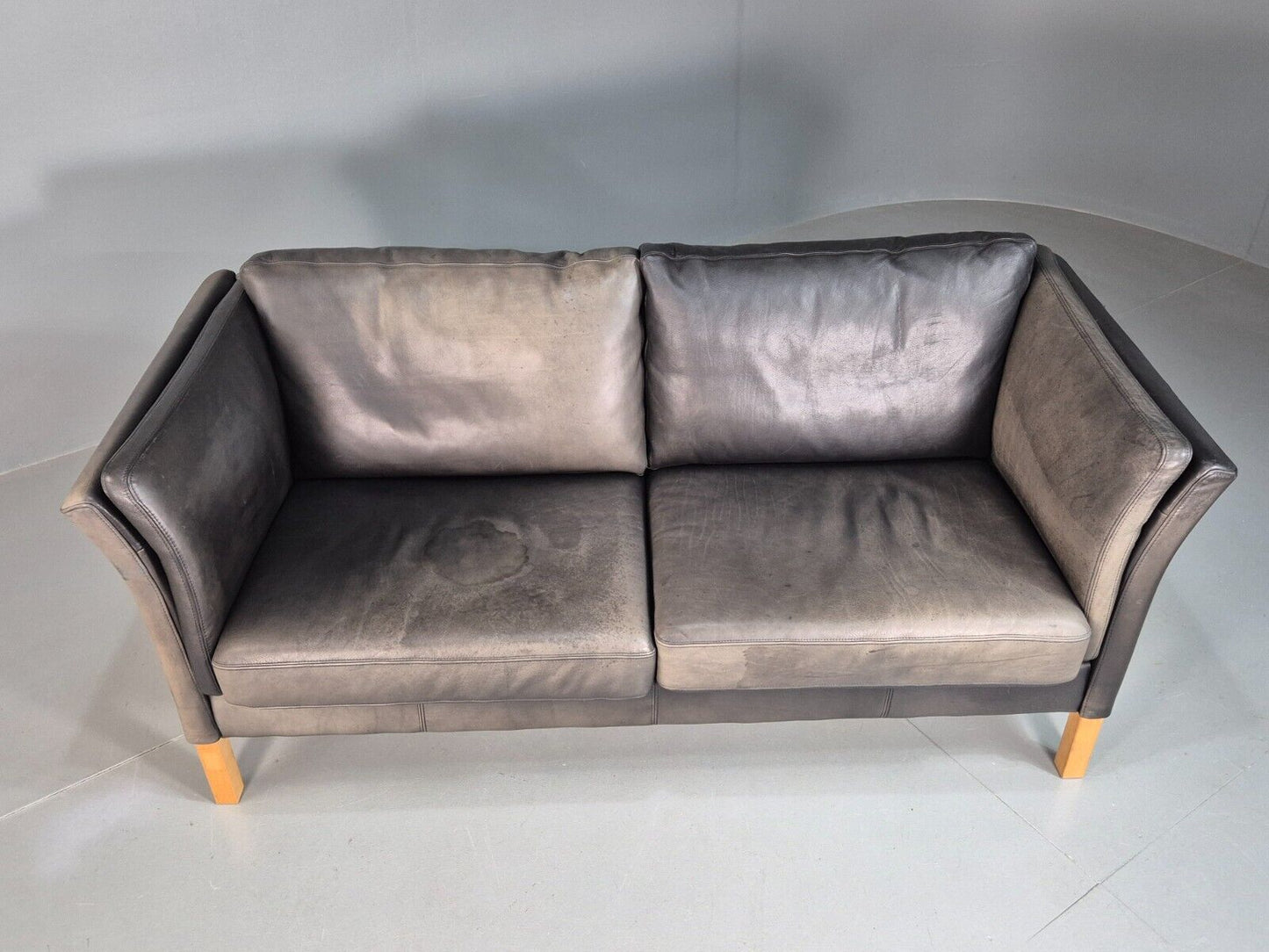 Vintage Danish Two Seat Sofa Faded Black Leather 1980s Retro MCM EB8168 M2SS - UKDK FURNITURE