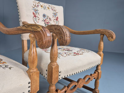 2 Baroque Elbow Chairs Oak Frame Vintage Denmark Floral Upholstery EB10727 VCAR15