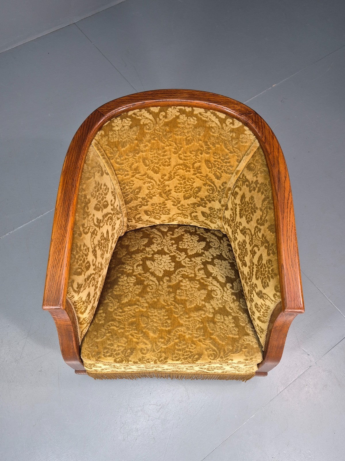 Art Deco Tub Chair Danish Vintage Gold Moquette Tassels Oak Frame  EB10753 VCLO4