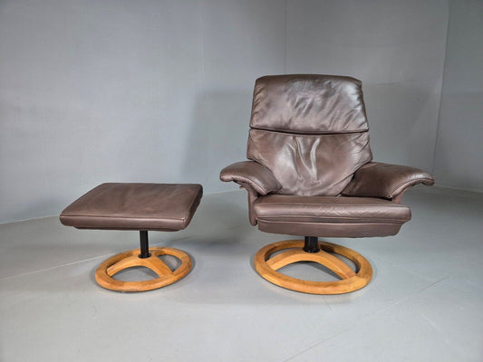 Vintage Danish Swivel Lounge Chair Footstool Brown Leather Retro EB7507 MSWI - UKDK FURNITURE