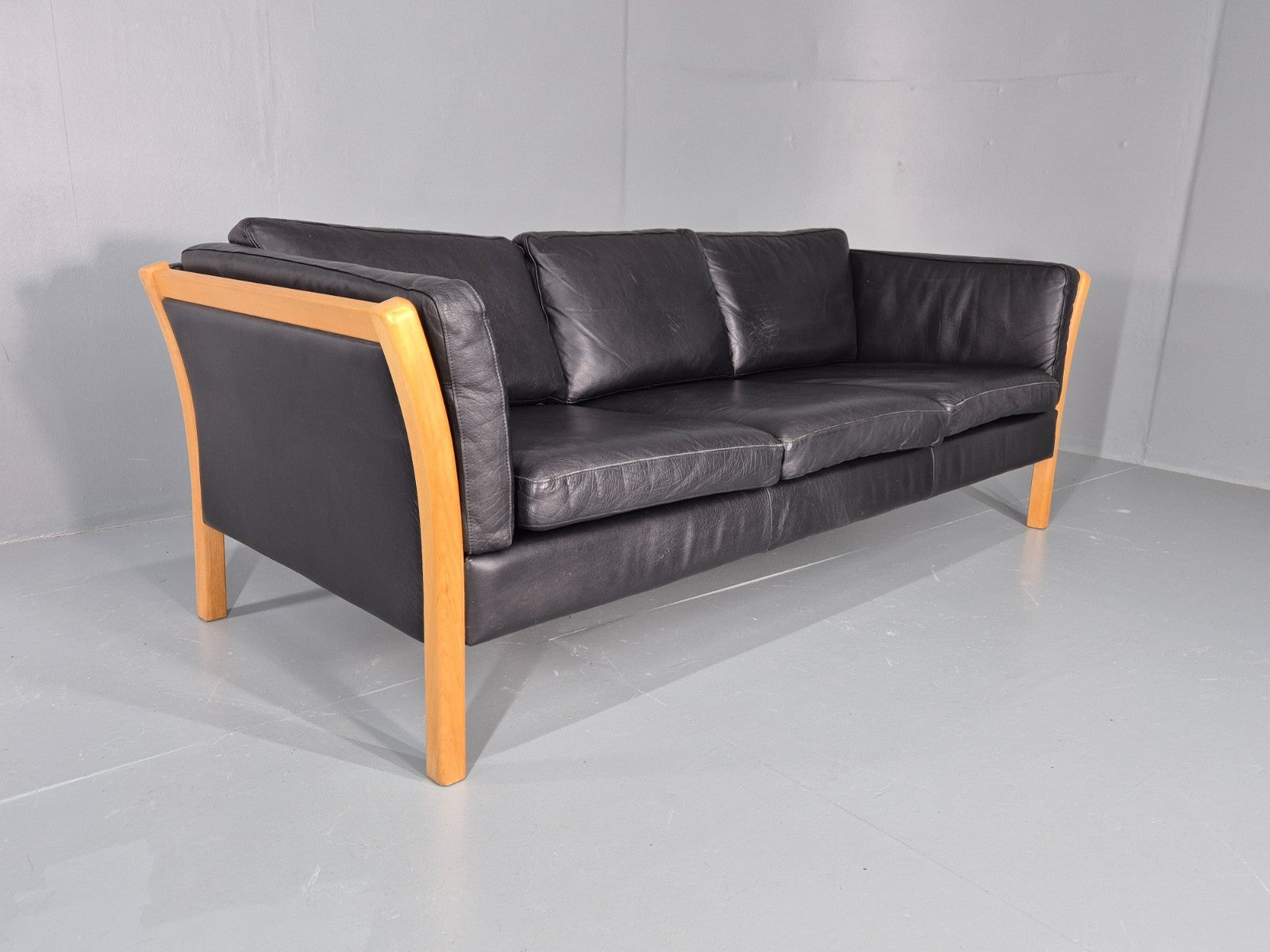 Vintage Stouby 3 Seat Sofa Danish Black Leather Beech End 1980s EB10556 M3SS13
