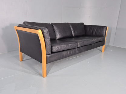 Vintage Stouby 3 Seat Sofa Danish Black Leather Beech End 1980s EB10556 M3SS13