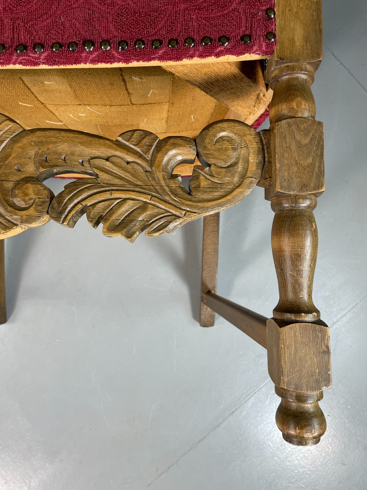 Vintage Danish Lounge Chair Oak Red Moquette 17th Century Style EB6942 VCLO13