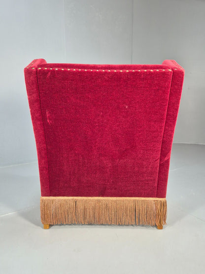 Vintage Danish Wingback Lounge Chair Red Velour Tassels 1940s Retro EB9614 VCLO - UKDK FURNITURE
