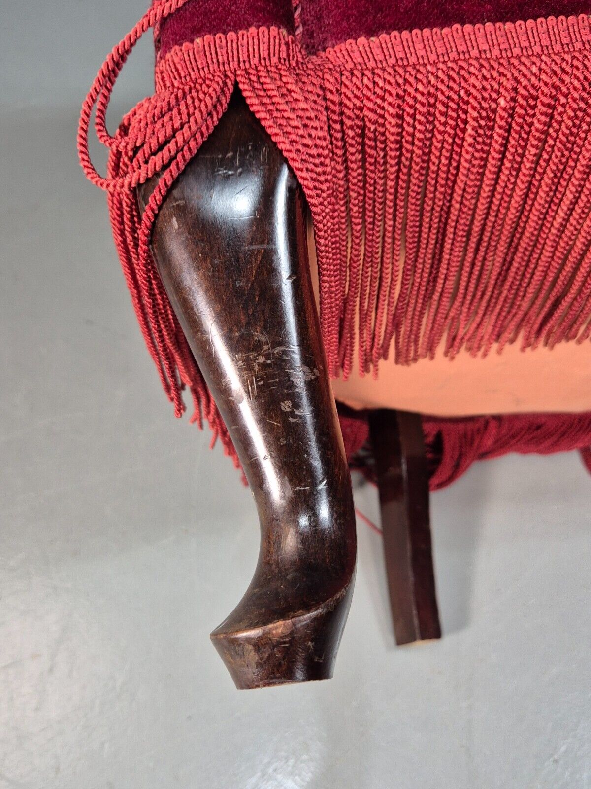 Vintage Danish Red Velour Tub Chair With Tassels Cabriole Legs EB8013 VCLO - UKDK FURNITURE