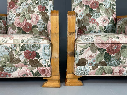 EB6654 2 Vintage Danish Lounge Chairs Floral Honey Oak Art Deco Antique VCLO - UKDK FURNITURE