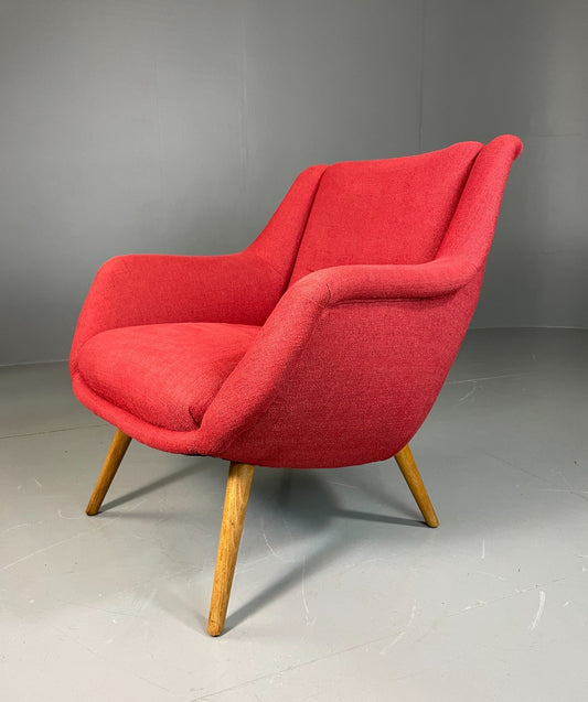 Mid Century Lounge Chair Scandinavian Red Wool Upholstery Vintage EB6423 MNOR1