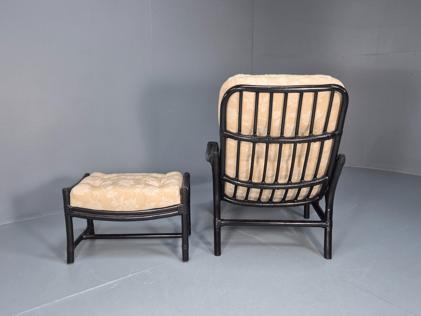 Vintage Japanned Bamboo Lounge Chair and Footstool 1980s Retro EB10718 VBER10