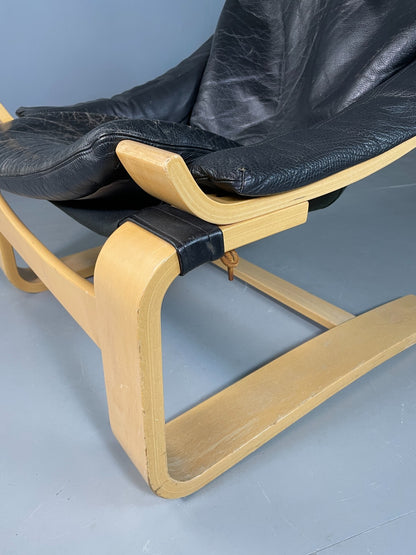 Vintage Swedish Lounge Chair Black Leather Krokken Retro MCM EB6604 MBEN14