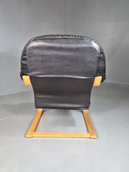 Vintage Danish Lounge Chair Black Leather Bentwood Frame Retro MCM EB7254 MBEN7