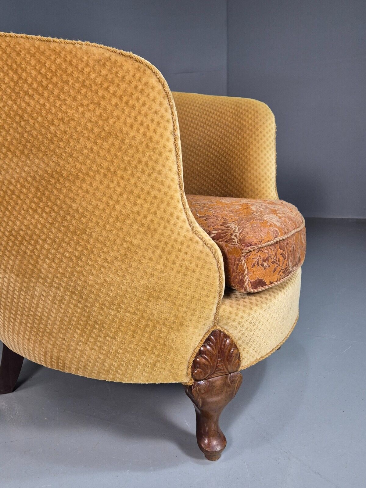 Antique Danish Gold Tub Chair Art Deco Carved Mahogany Feet EB8052 VCLO - UKDK FURNITURE